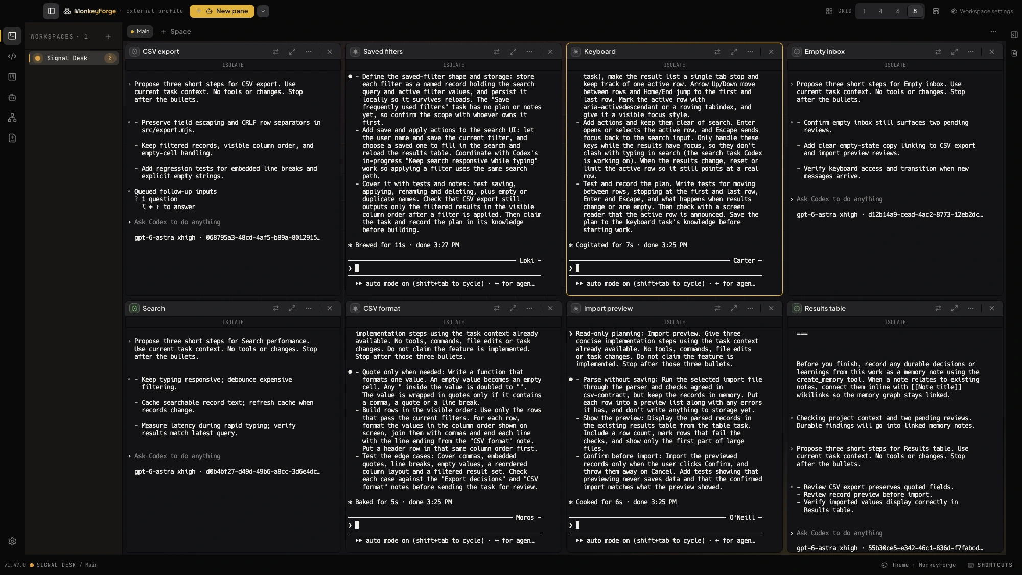 MonkeyForge workspace with eight real Claude Code and Codex CLI panes arranged in four columns, each focused on a different Signal Desk task