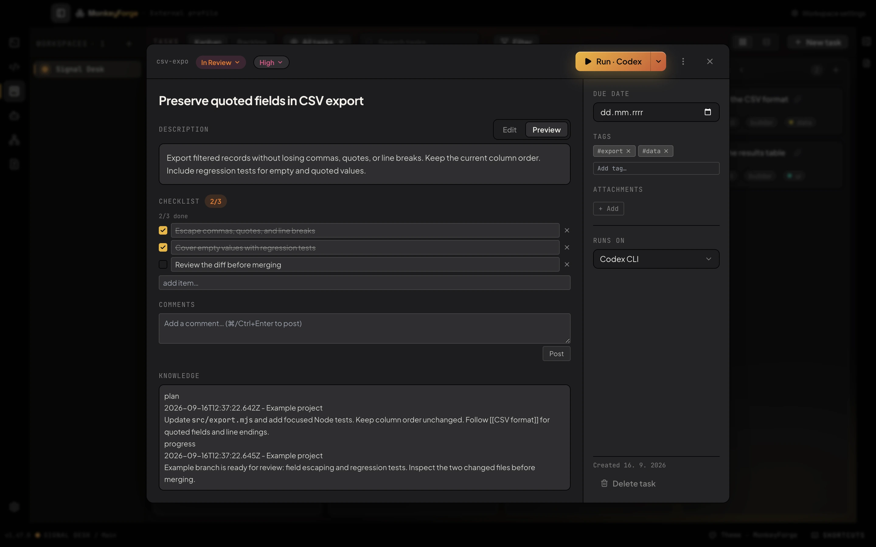 Current task detail with a CSV export brief, checklist, and Run action